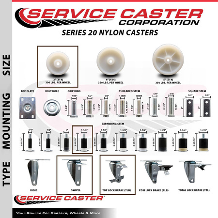 Service Caster 3'' SS Nylon Swivel 1-1/8'' Expanding Stem Caster Set with Brake, 4PK SCC-SSEX20S314-NYS-TLB-118-4